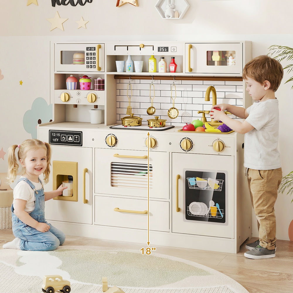 Beige pretend toy kitchen set with a cartoon dishwasher and open shelves, perfect for imaginative role-play and.