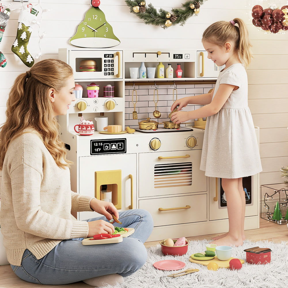 Beige pretend toy kitchen set showing a child cooking with a microwave and stoves, designed for imaginative play.