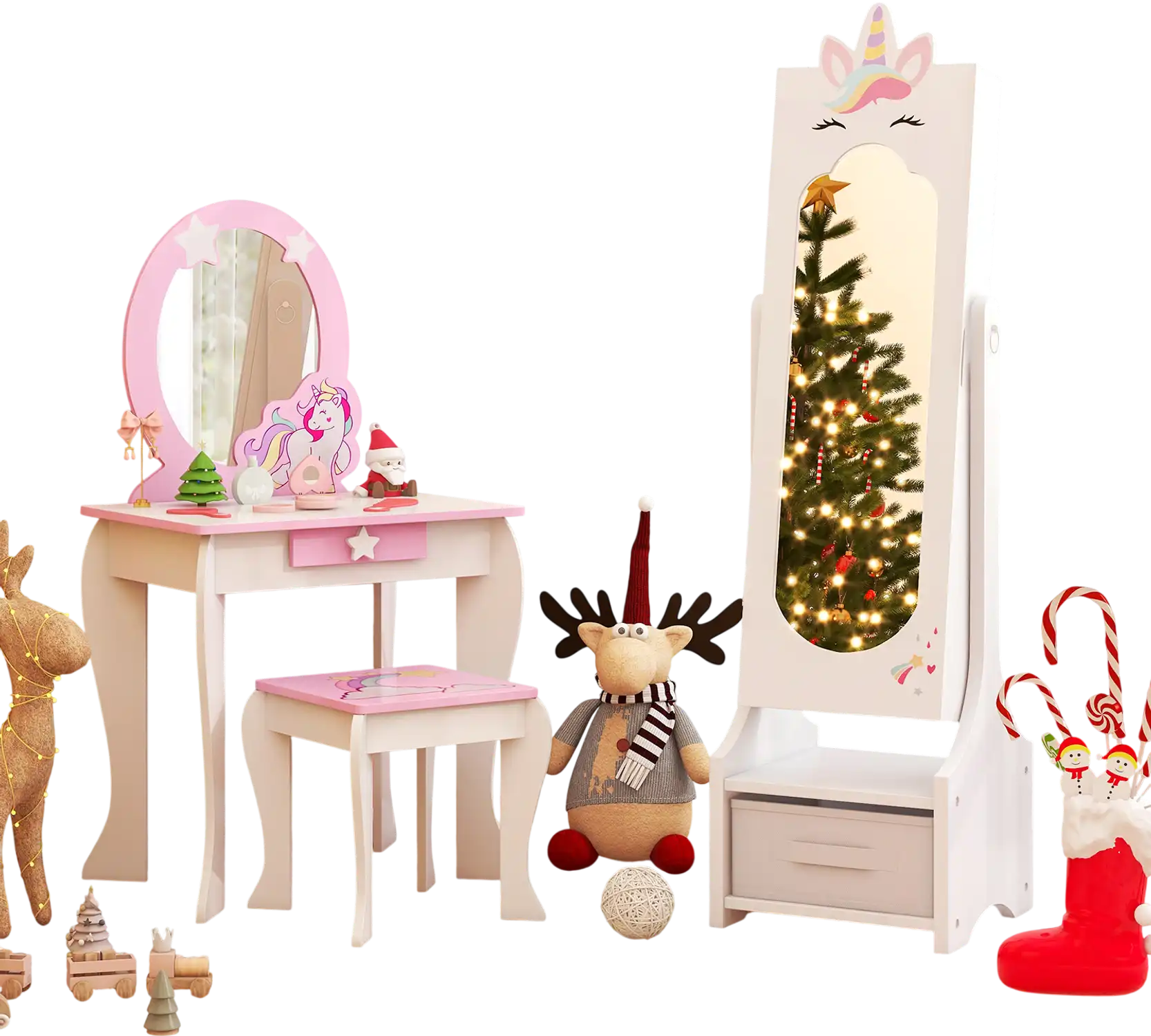 Costway Kids Princess Vanity Table Stool Set Jewelry Cabinet Mirror Drawer Pink 53847691 New