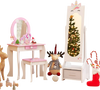 Kids vanity table and stool set in pink with a full-length mirror, jewelry cabinet, and safe design for children's.