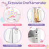 Kids vanity table set featuring a cute unicorn pattern, clear mirror, and cut-out handle for stylish storage.