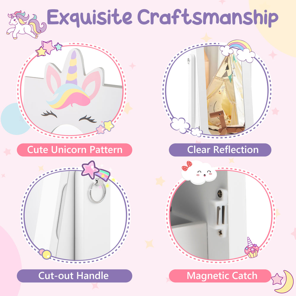 Kids vanity table set featuring a cute unicorn pattern, clear mirror, and cut-out handle for stylish storage.