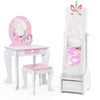 Kids princess vanity table and stool set in pink with mirror and drawer, perfect for storing jewelry and cosmetics.