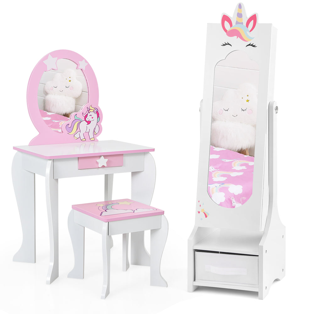 Kids princess vanity table and stool set in pink with mirror and drawer, perfect for storing jewelry and cosmetics.