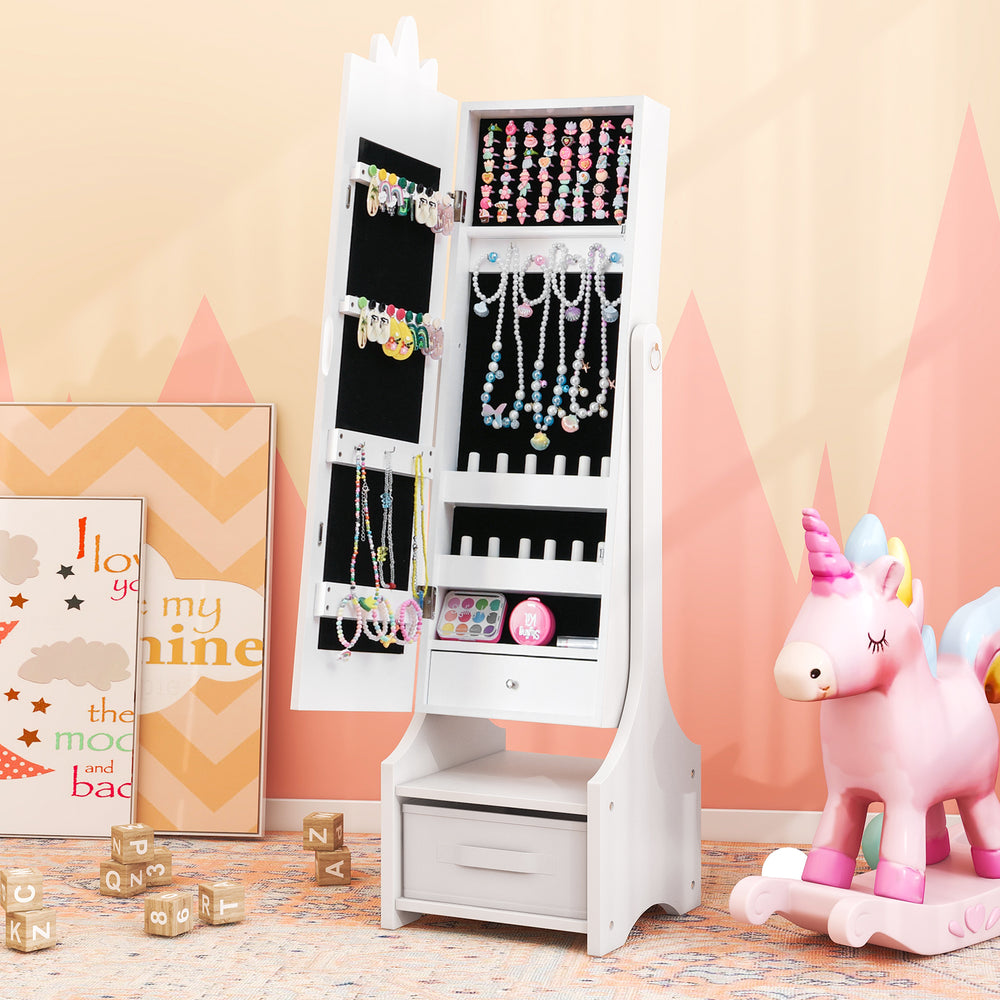 Kids princess vanity table set in pink with jewelry cabinet, full-length mirror, and storage drawer for organized play.