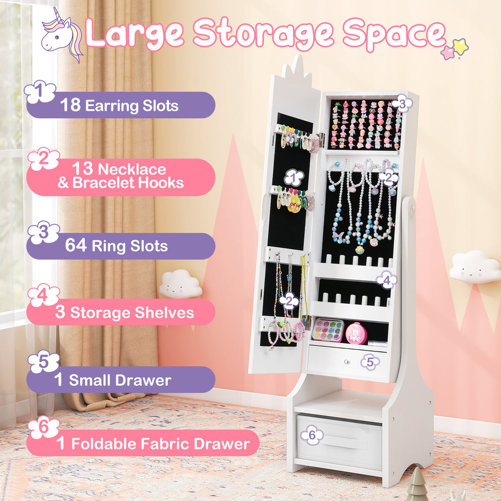 Kids princess vanity table set in pink with jewelry cabinet, mirror, and large storage for cosmetics and accessories.