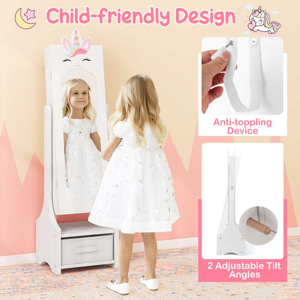 Kids princess vanity table set in pink with a full-length mirror, adjustable tilt, and anti-toppling safety features.