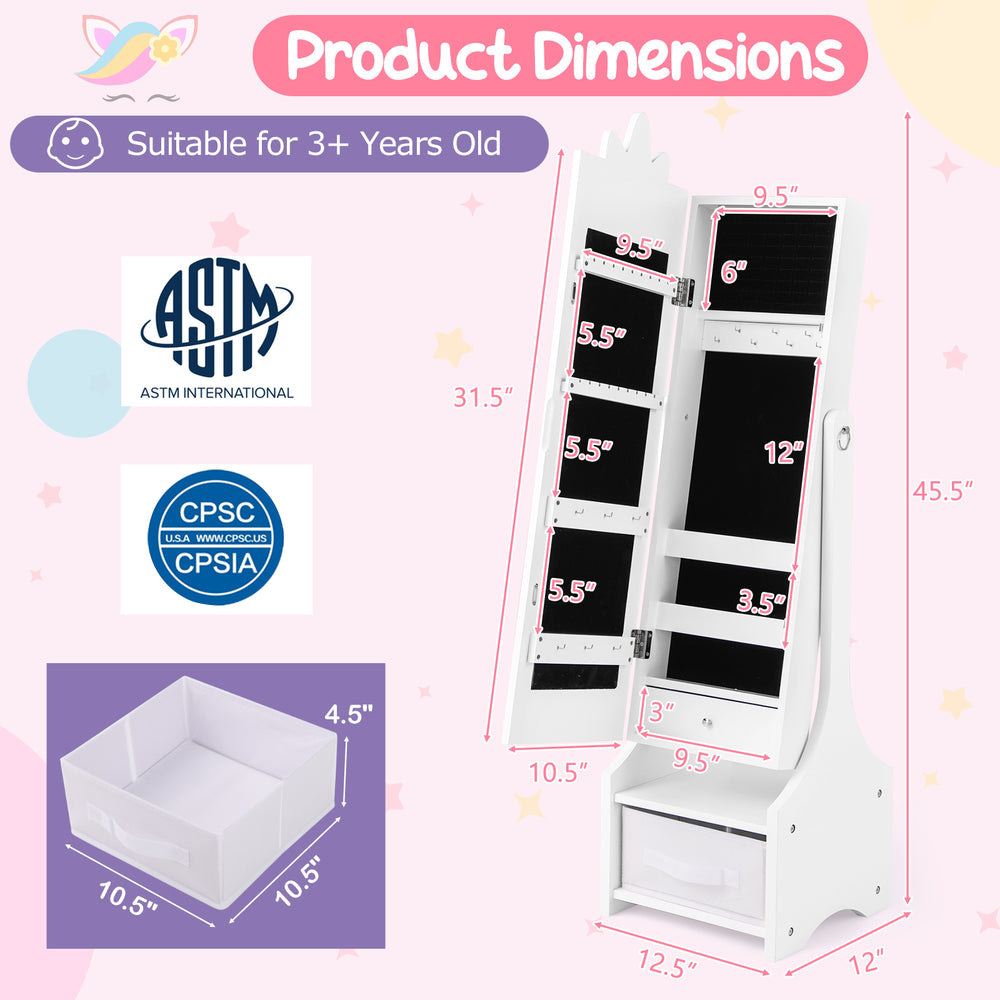 Kids princess vanity table dimensions with jewelry cabinet, mirror drawer, and safety features for ages 3+.