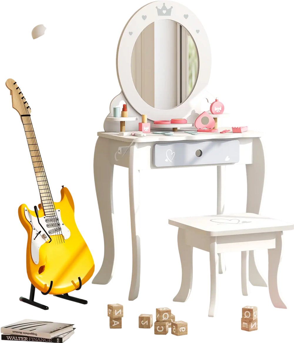 Kids 2-in-1 princess makeup table set in white with removable mirror and storage, perfect for little ones aged 3+.