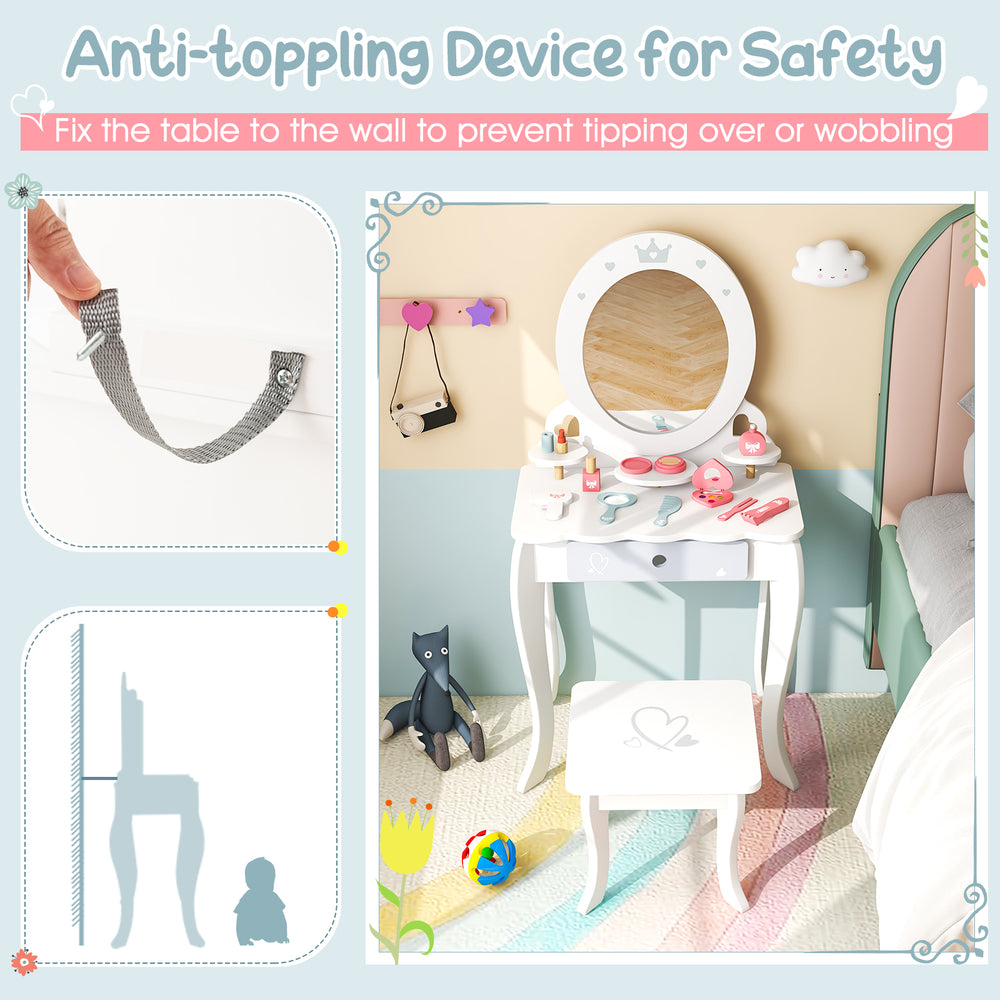 Kids 2-in-1 princess makeup table and chair set in white, featuring a removable mirror and anti-toppling device for.