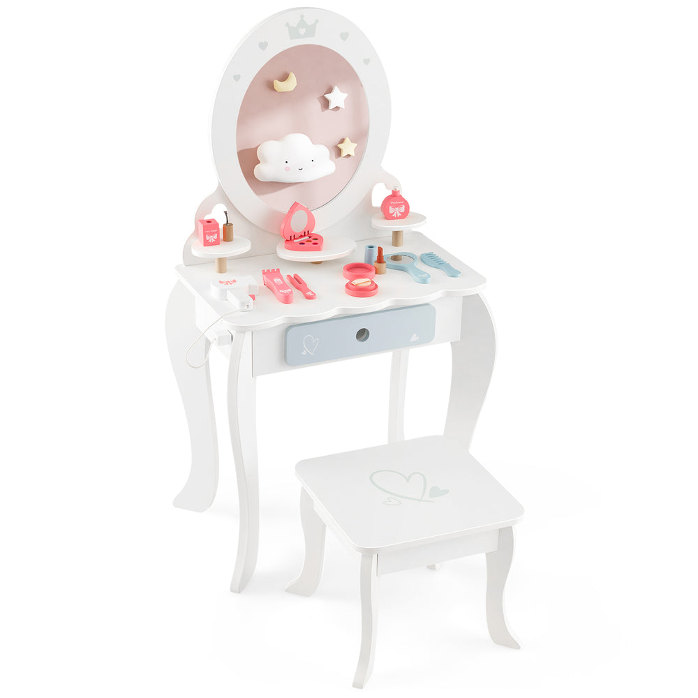 Kids 2-in-1 princess makeup table set with removable mirror, storage areas, and charming design for imaginative play.