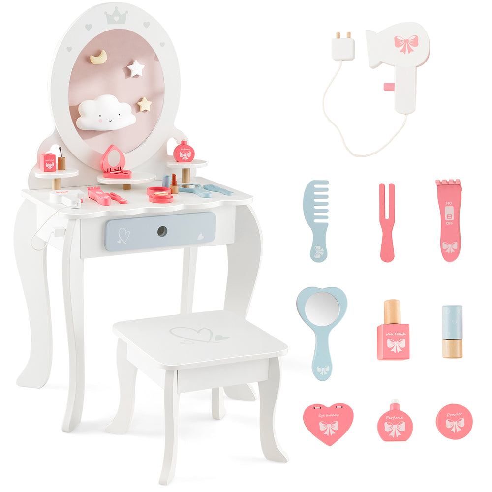 Kids 2-in-1 princess makeup table and chair set with removable mirror, featuring rich accessories for imaginative play.