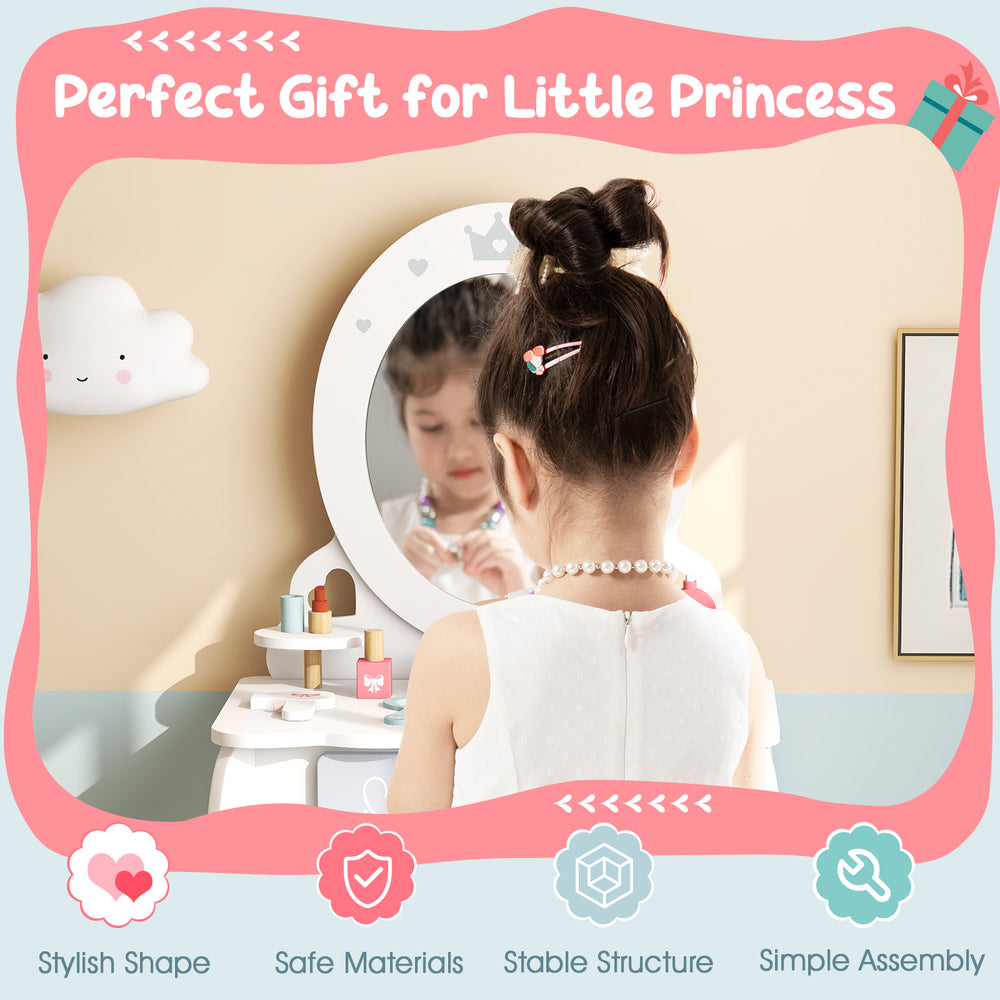Kids 2-in-1 princess makeup table and chair set with removable mirror, featuring safe materials and stylish design for.