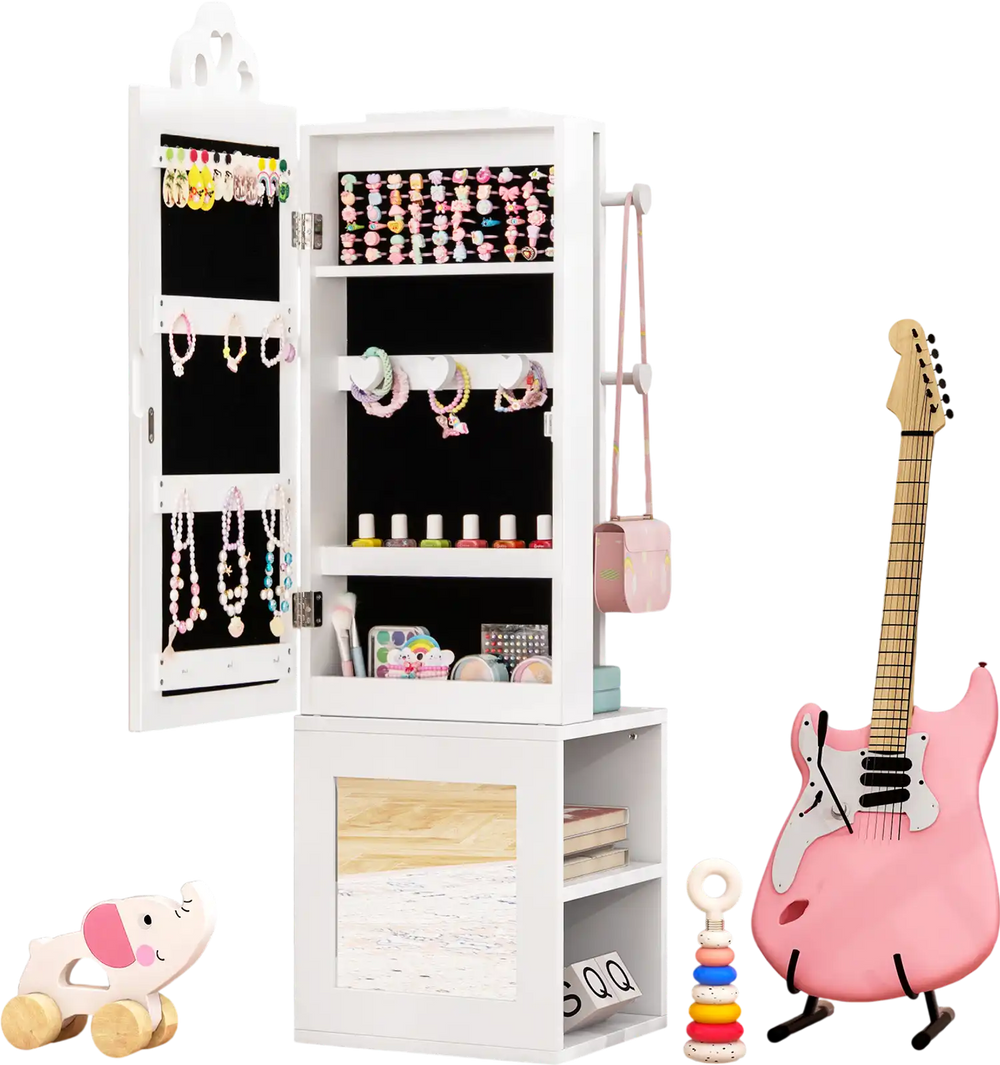 Freestanding white princess vanity table with full-length mirror, large storage, and safety features for kids' jewelry.