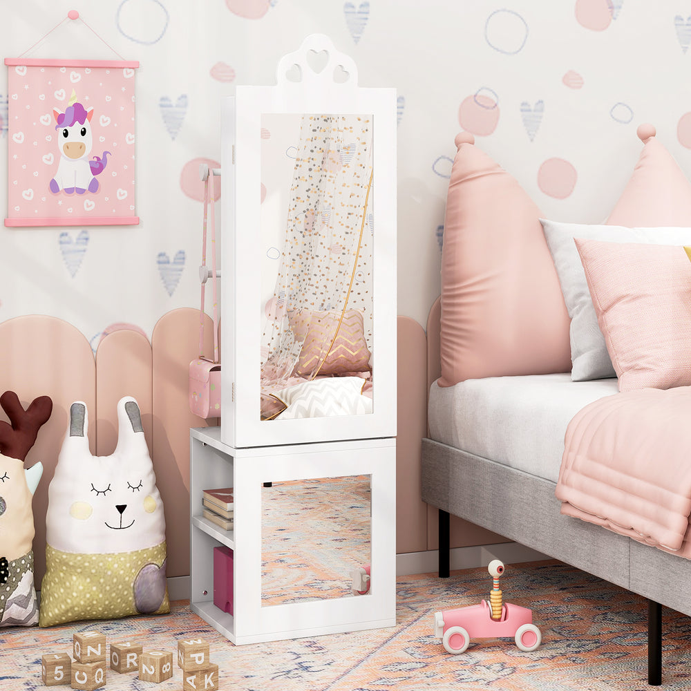 Freestanding white princess vanity table with full-length mirror and storage, perfect for kids' jewelry and cosmetics.