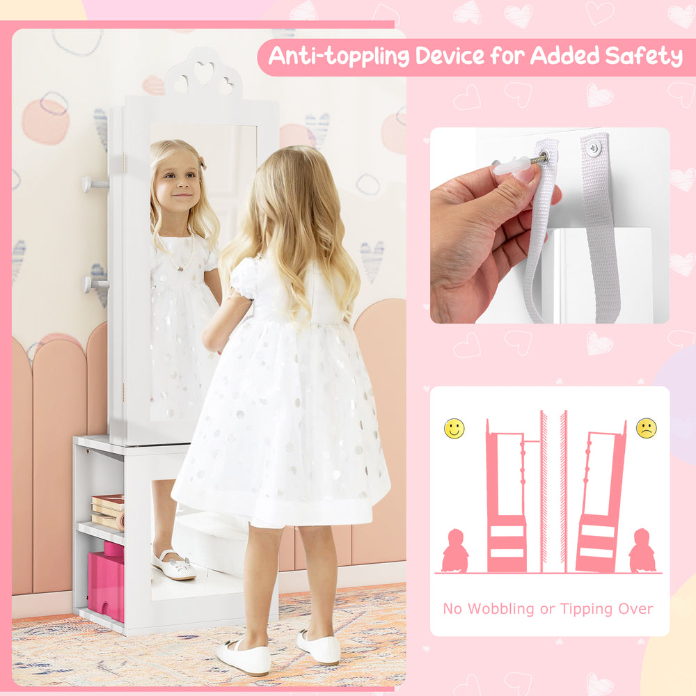 Princess vanity table set with full-length mirror and anti-toppling device for safe use in kids' rooms.