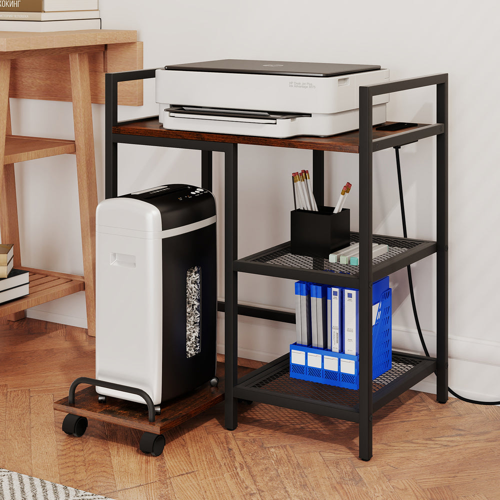 Printer stand in rustic brown with charging station, open mesh shelves, and wheels for easy movement in an organized.