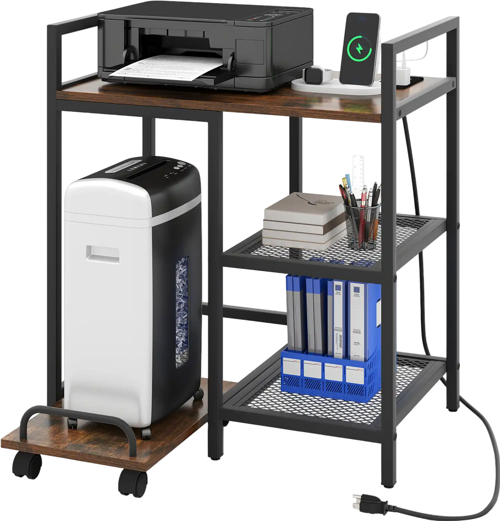 Side view of rustic brown printer stand with charging station, showcasing open mesh shelves and pull-out slide for.