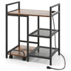 Rustic brown printer stand with charging station, open mesh shelves, and wheels for easy movement in an organized.