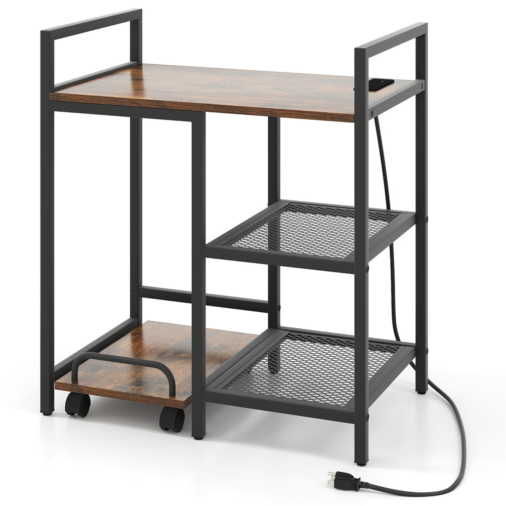 Rustic brown printer stand with charging station, open mesh shelves, and wheels for easy movement in an organized.