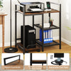 Printer stand in rustic brown with charging station, open mesh shelves, and adjustable foot pads for organized.