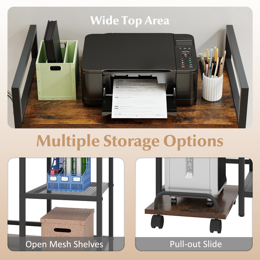 Printer stand in rustic brown with charging station, open mesh shelves, and pull-out slide for organized workspace.
