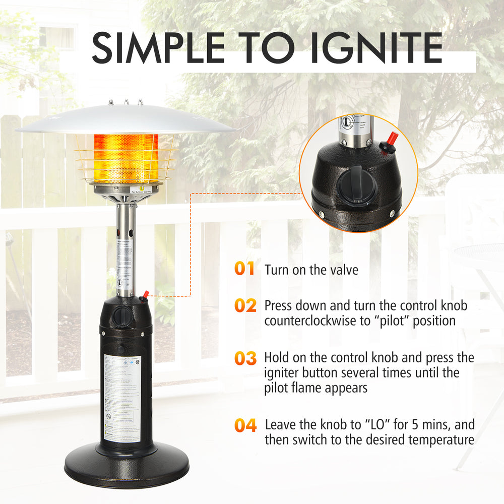Portable tabletop propane patio heater in black with ignition switch, providing 11,000 BTU for outdoor warmth.