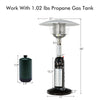Portable tabletop propane patio heater in black, 11,000 BTU, ideal for outdoor warmth in courtyards and gardens.