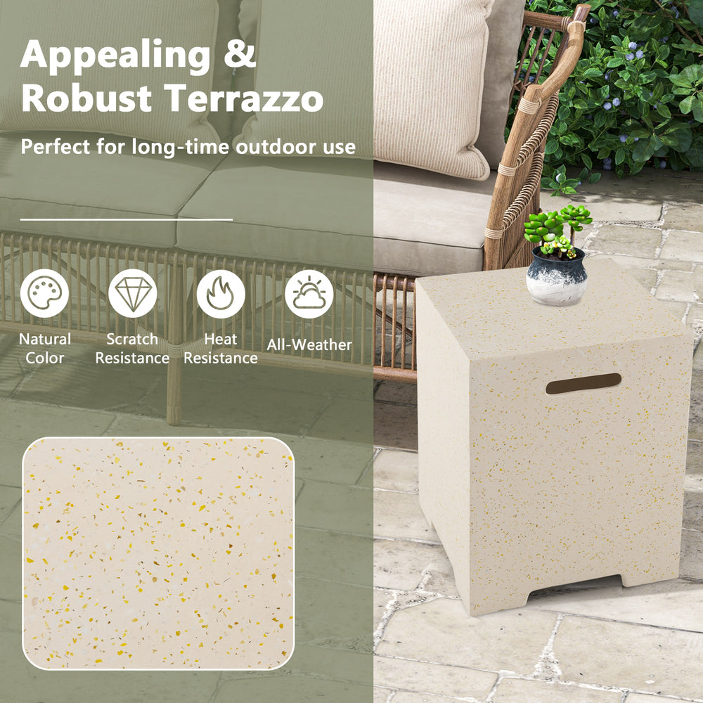 Terrazzo side table and gas tank holder with protective cover, ideal for outdoor use and 20 lbs propane tanks.