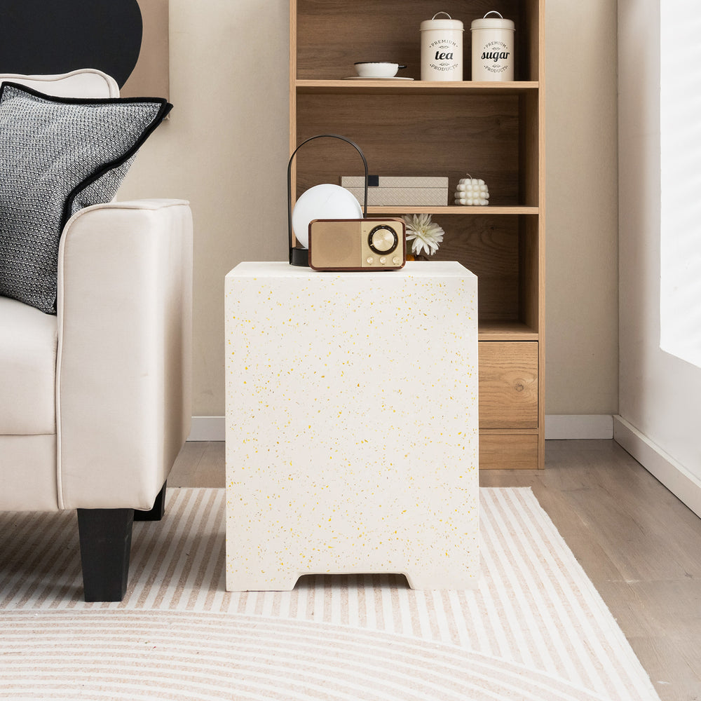 Terrazzo side table with a gas tank holder, featuring a protective cover, ideal for indoor and outdoor use.