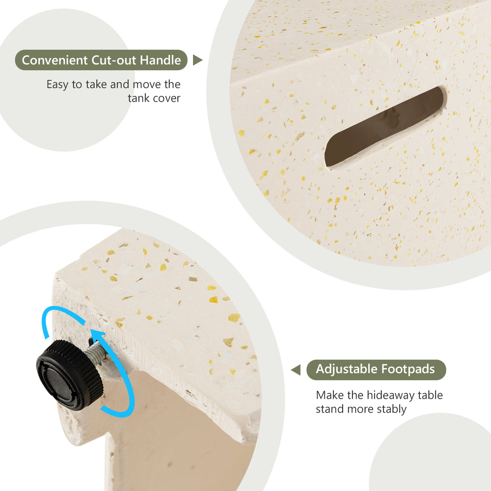 Close-up of the adjustable footpad on the 2-in-1 gas tank holder side table made of premium terrazzo for outdoor use.