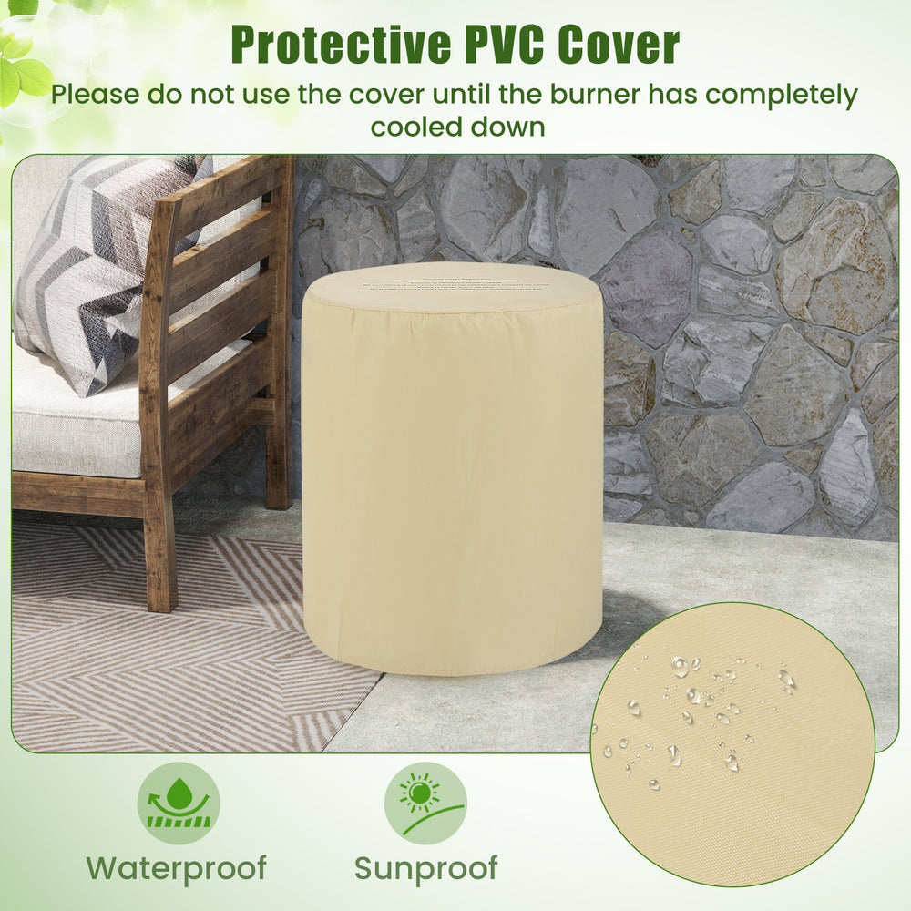 Propane tank cover table in beige with protective cover, featuring side handles for easy lifting and stylish design.