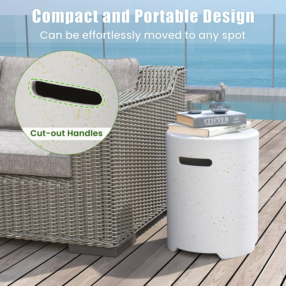 Compact propane tank cover table in white terrazzo with side handles, perfect for stylish patio use.