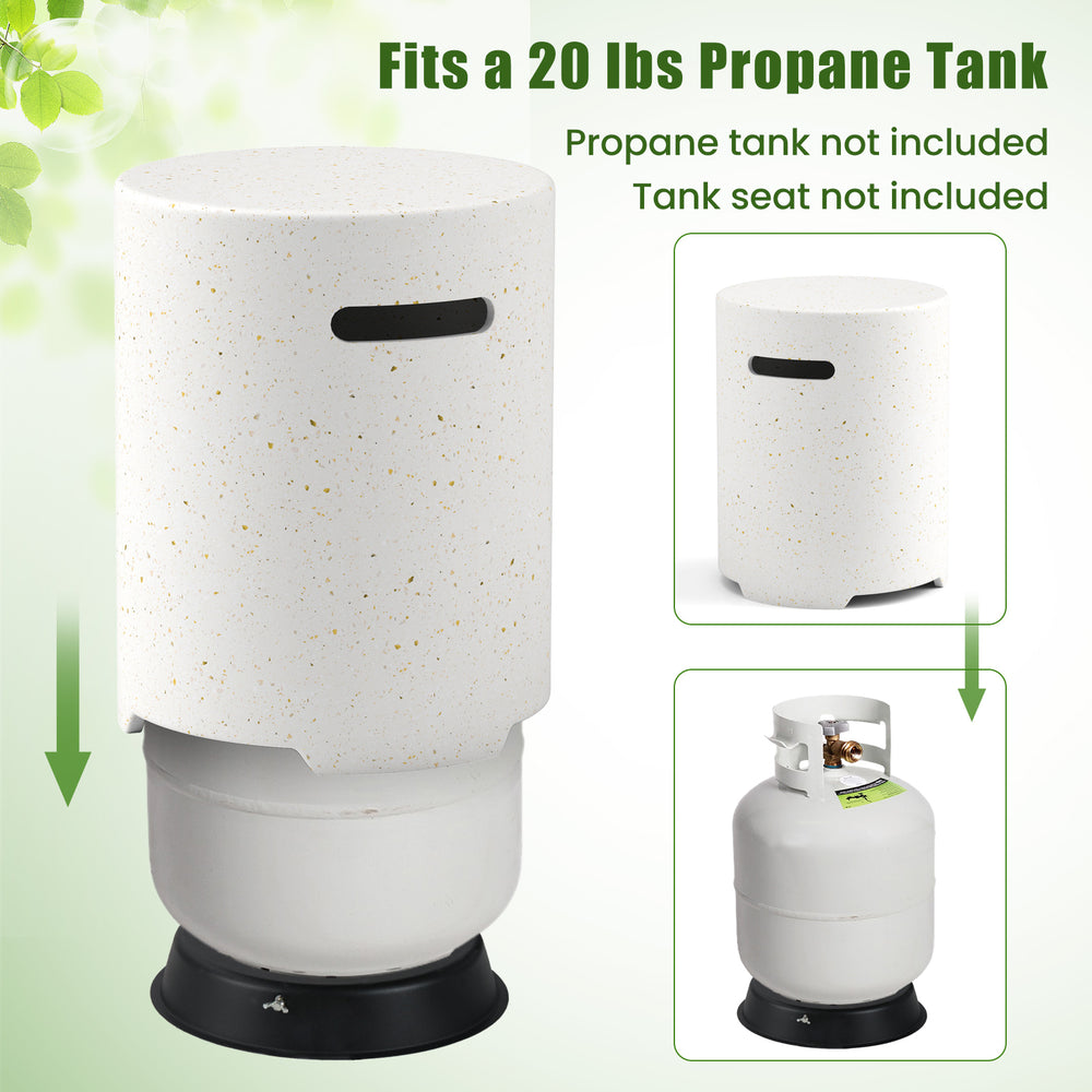 Stylish propane tank cover table in terrazzo design, fits a 20 LB tank, with side handles for easy lifting.