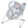 Portable baby bouncer in gray with detachable toy bar, ergonomic design, and safety harness for infant comfort.