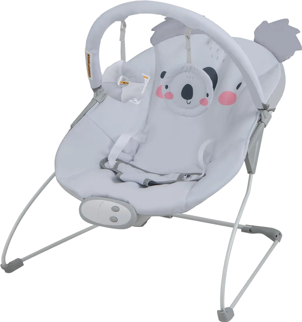 Portable gray baby bouncer with detachable toy bar, ergonomic design, and safety harness for soothing comfort.