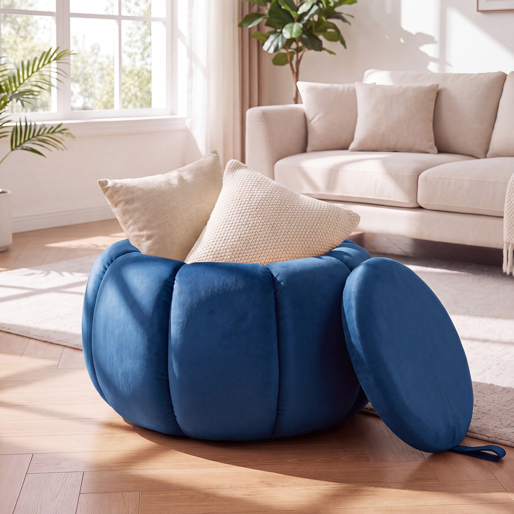 Blue pumpkin ottoman features a unique design with a soft velvet surface, high-density foam, and a practical flip lid for storage.