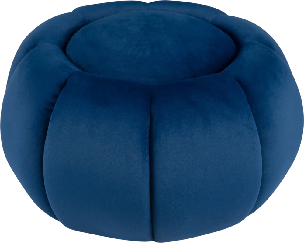 Blue pumpkin ottoman with hidden storage, soft velvet surface, and removable lid for versatile home decoration and seating.