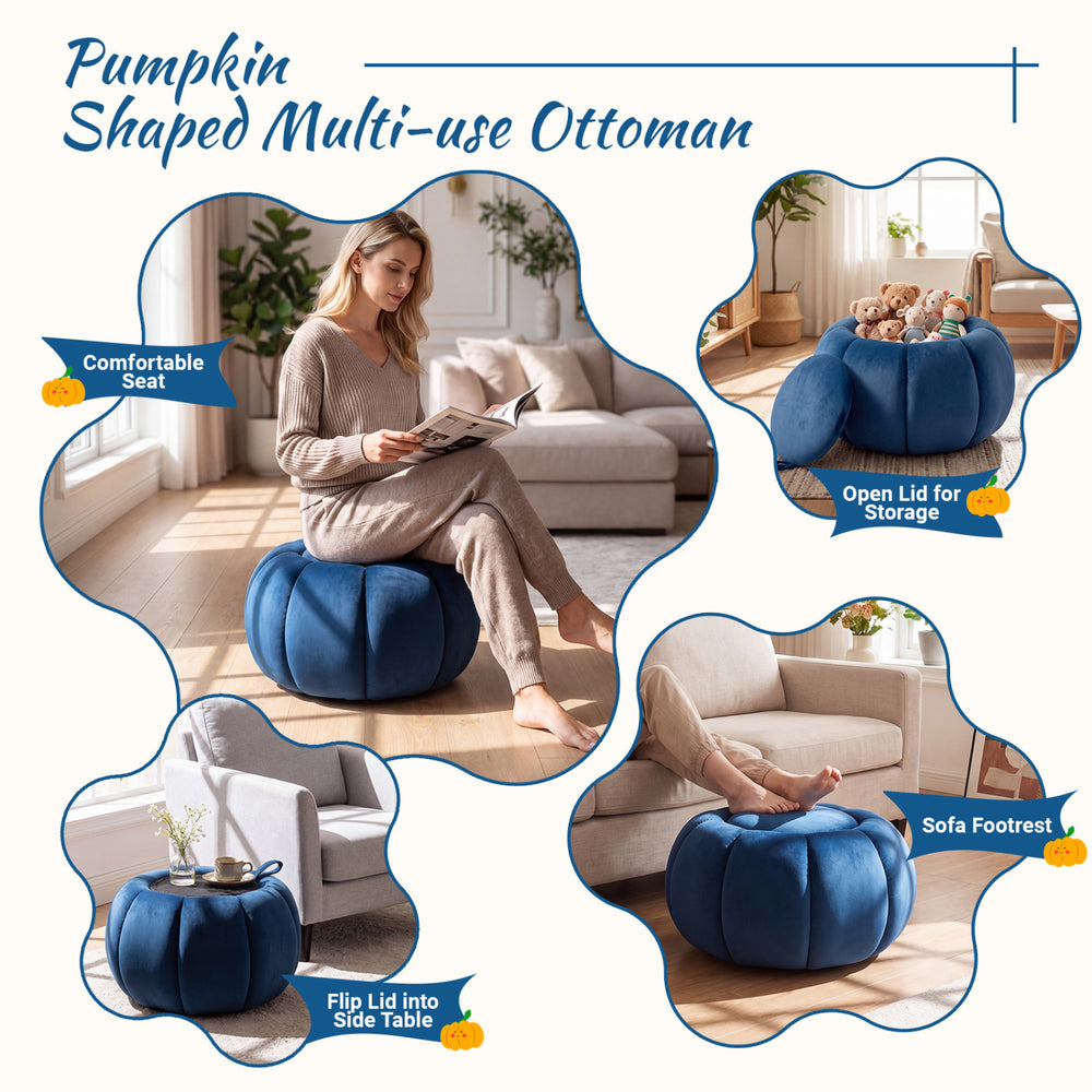 Pumpkin-shaped blue ottoman with hidden storage, soft velvet surface, and removable lid for versatile home use.