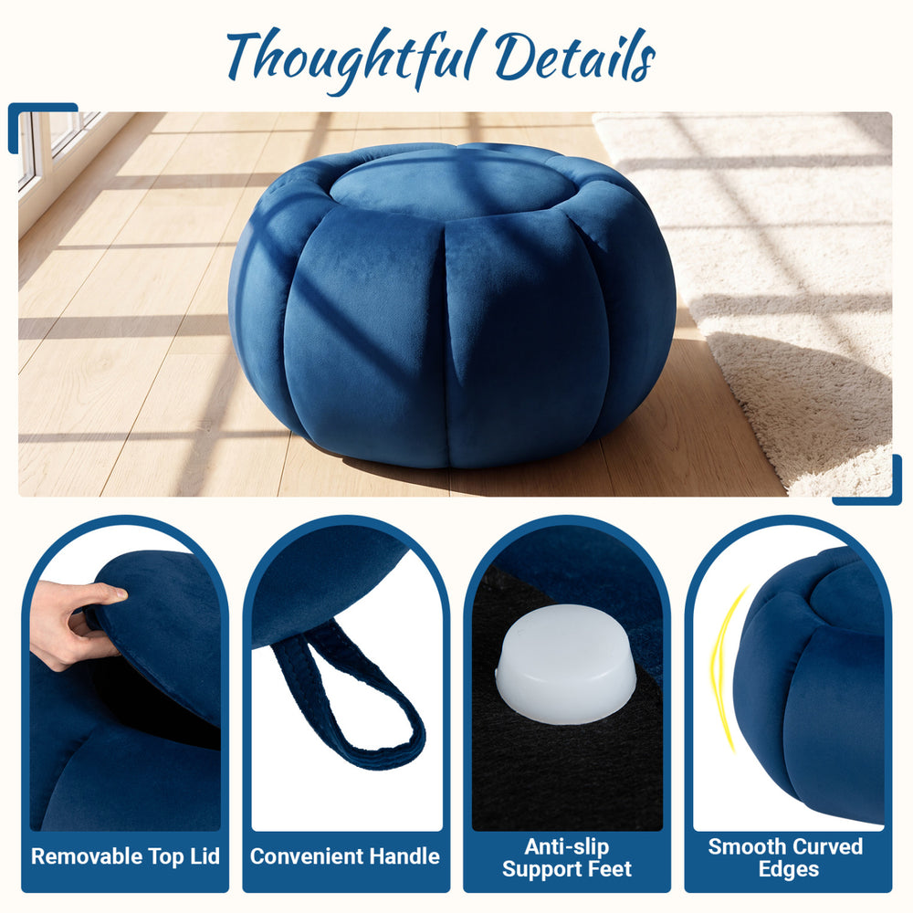 Pumpkin-shaped blue ottoman features a removable lid, hidden storage, and anti-slip feet for versatile home use.
