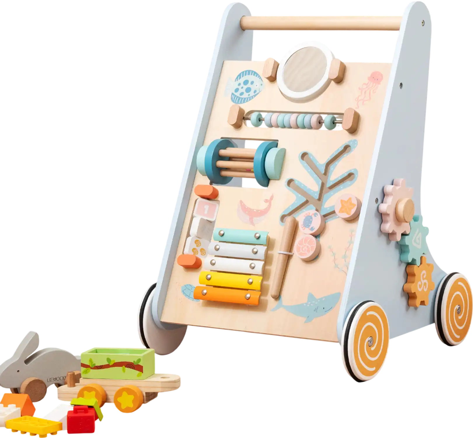 Costway Wooden Baby Walker Push Pull Learning Activity Center Blue 147856329 New