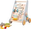 Wooden baby walker push and pull activity center in blue, featuring a rolling drum and flippable blocks for sensory.