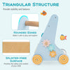 Wooden baby walker in blue with triangular structure, rounded edges, and smooth-rolling wheels for safe exploration.