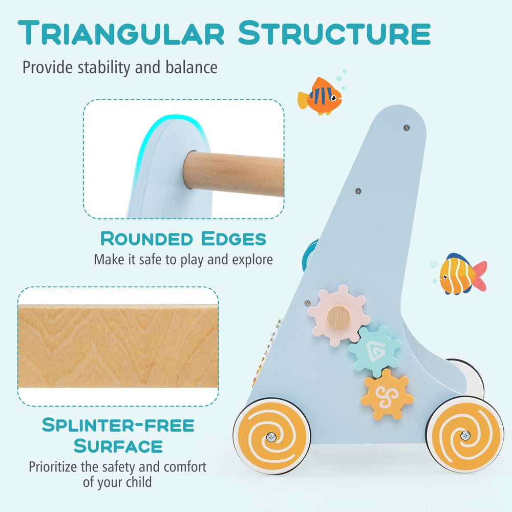 Wooden baby walker in blue with triangular structure, rounded edges, and smooth-rolling wheels for safe exploration.