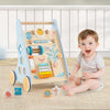 Wooden baby walker in blue with a sturdy triangular design, featuring multiple beads and an acrylic mirror for sensory.