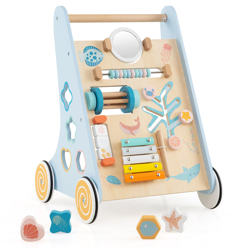 Wooden baby walker activity center in blue with xylophone, mirror, and shape sorters for learning and play.