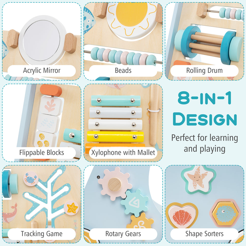 Wooden baby walker activity center in blue with xylophone, beads, and mirror for learning and playing.