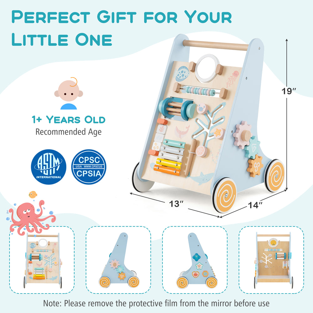 Wooden baby walker activity center in blue with wheels, featuring a mirror, xylophone, and shape sorters for learning.