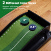 Putting green indoor golf mat showing two hole sizes (2.5" and 3") for versatile practice and accuracy training.