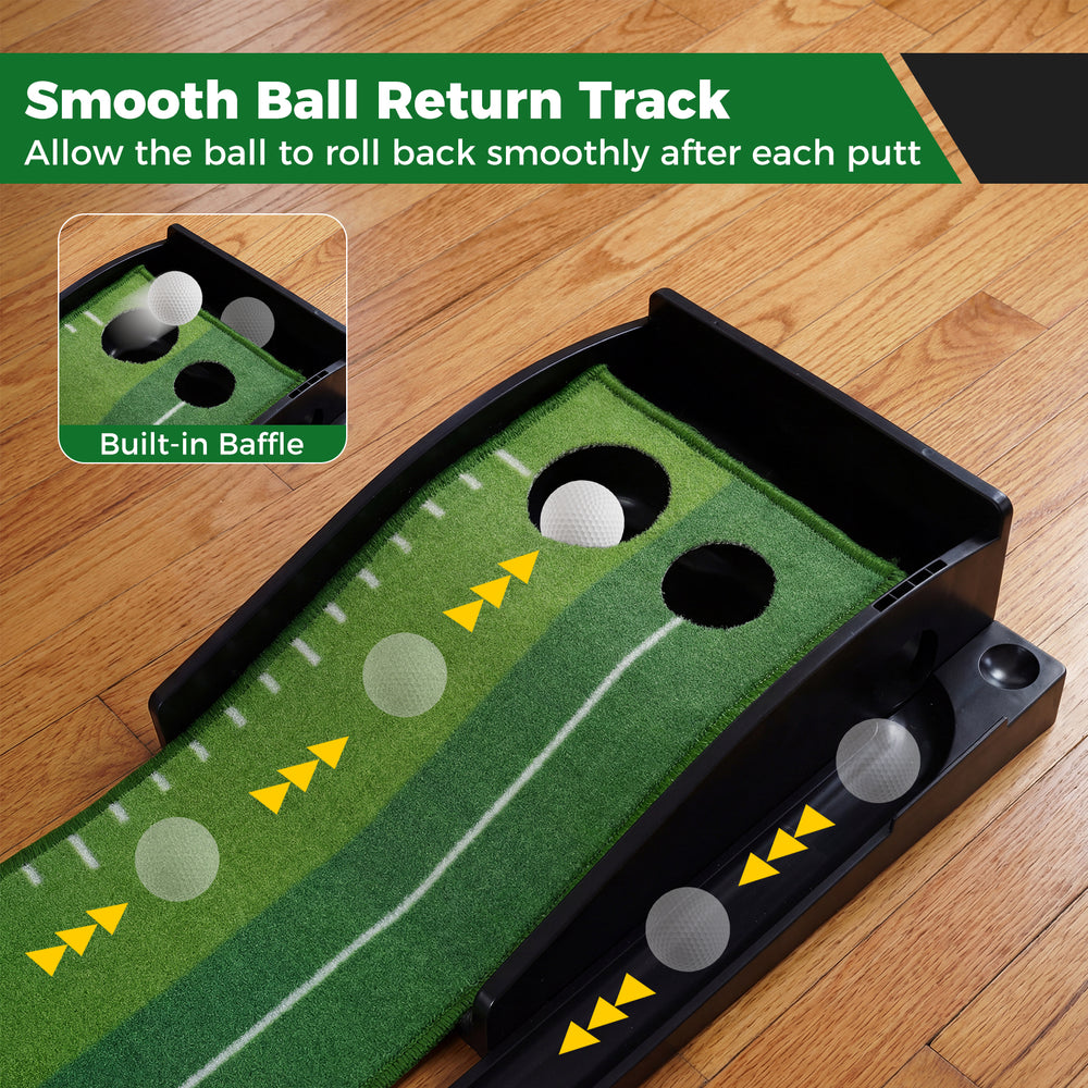 Putting green indoor golf mat with auto ball return track and distance markings for consistent practice at home or.